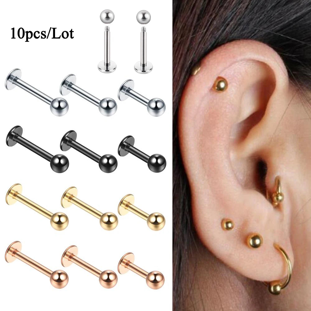 12pcs/Set Surgical Steel Silver Color Gold Plated Black Rainbow Ear Nose Eyebrow Labret Basic Piercing Jewelry Set 8mm