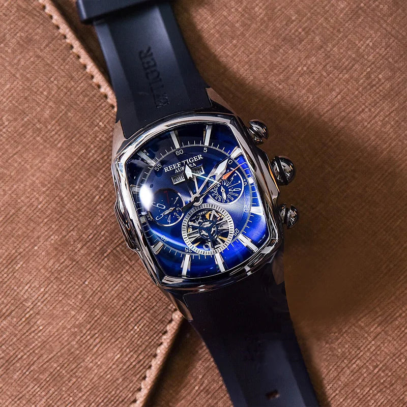 Reef Tiger/RT Designer Sport Watches with Tourbillon Stainless Steel Rubber Strap Blue Dial Automatic Watches RGA3069