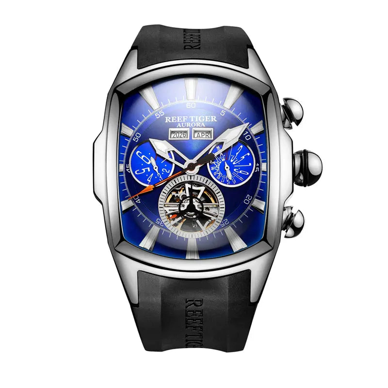 Reef Tiger/RT Designer Sport Watches with Tourbillon Stainless Steel Rubber Strap Blue Dial Automatic Watches RGA3069