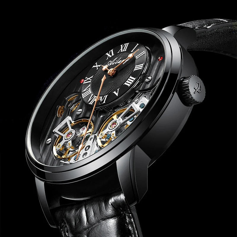 AILANG Double Tourbillon Men Watches Leather Wrist Mechanical Watches Automatic Flying Tourbillon Watches Waterproof Relogio