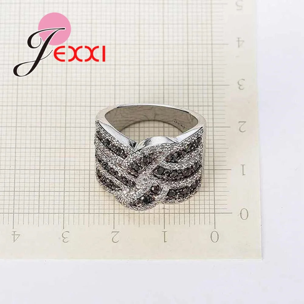 新着 ホワイト ブラック クリスタル クロスリング ファッション ワイドループ ジュエリー 925 シルバー 女性 女の子 ホリデーギフト