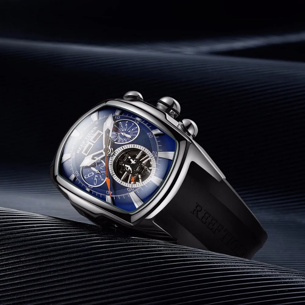 Reef Tiger/RT Designer Sport Watches with Tourbillon Stainless Steel Rubber Strap Blue Dial Automatic Watches RGA3069