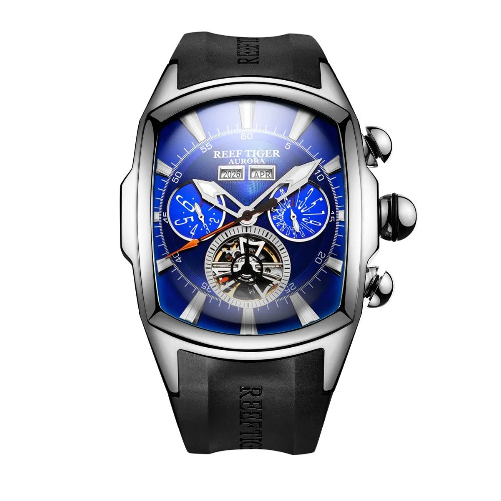 Reef Tiger/RT Designer Sport Watches with Tourbillon Stainless Steel Rubber Strap Blue Dial Automatic Watches RGA3069