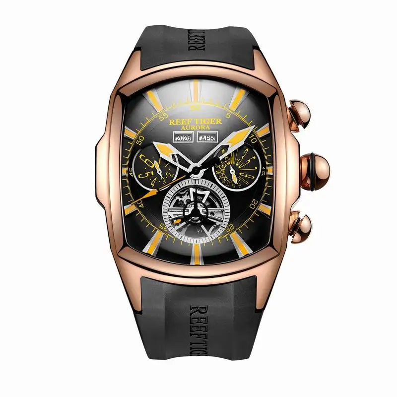 Reef Tiger/RT Designer Sport Watches with Tourbillon Stainless Steel Rubber Strap Blue Dial Automatic Watches RGA3069