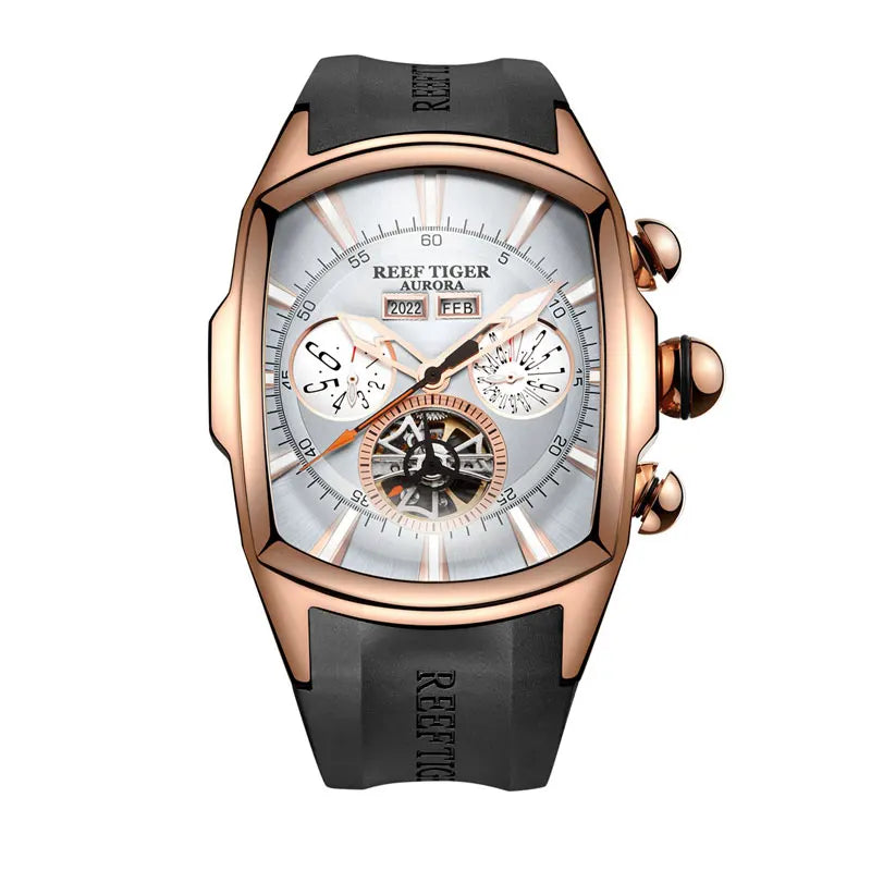 Reef Tiger/RT Designer Sport Watches with Tourbillon Stainless Steel Rubber Strap Blue Dial Automatic Watches RGA3069
