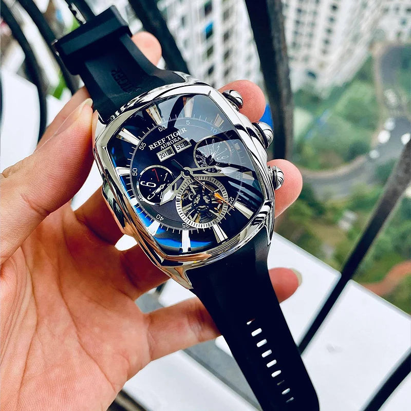 Reef Tiger/RT Designer Sport Watches with Tourbillon Stainless Steel Rubber Strap Blue Dial Automatic Watches RGA3069