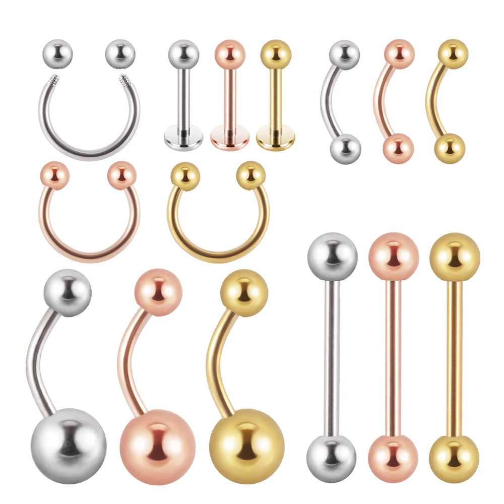 12pcs/Set Surgical Steel Silver Color Gold Plated Black Rainbow Ear Nose Eyebrow Labret Basic Piercing Jewelry Set 8mm