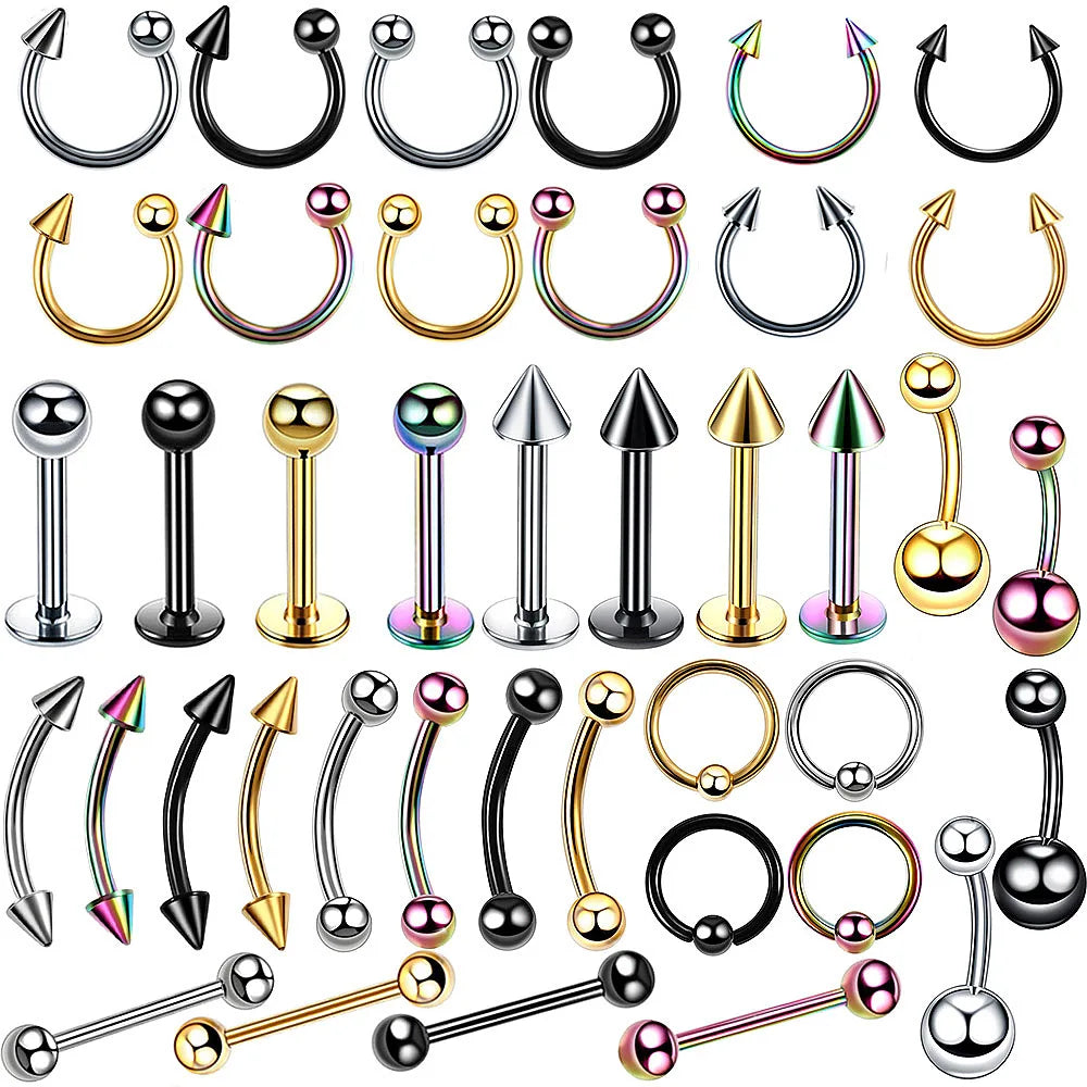 12pcs/Set Surgical Steel Silver Color Gold Plated Black Rainbow Ear Nose Eyebrow Labret Basic Piercing Jewelry Set 8mm