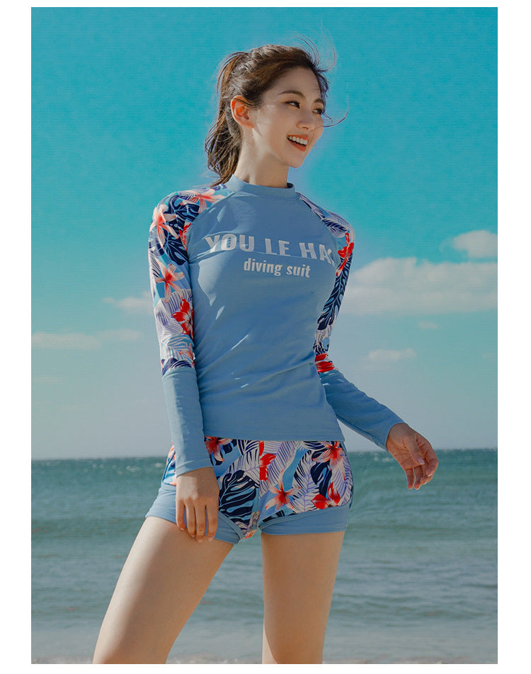 Women's 3pcs/set Printed Long Sleeve Rashguard UV Sun Protection Surf Shirt With Pants Shorts Full Body Bathing Suit Dive Skin