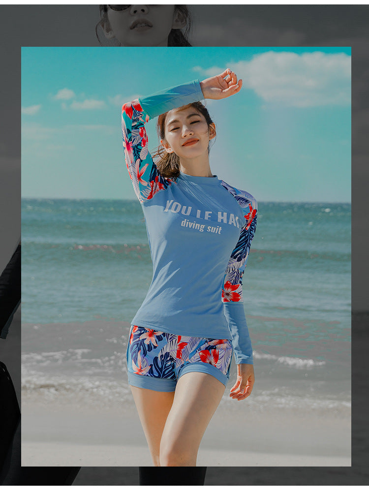 Women's 3pcs/set Printed Long Sleeve Rashguard UV Sun Protection Surf Shirt With Pants Shorts Full Body Bathing Suit Dive Skin