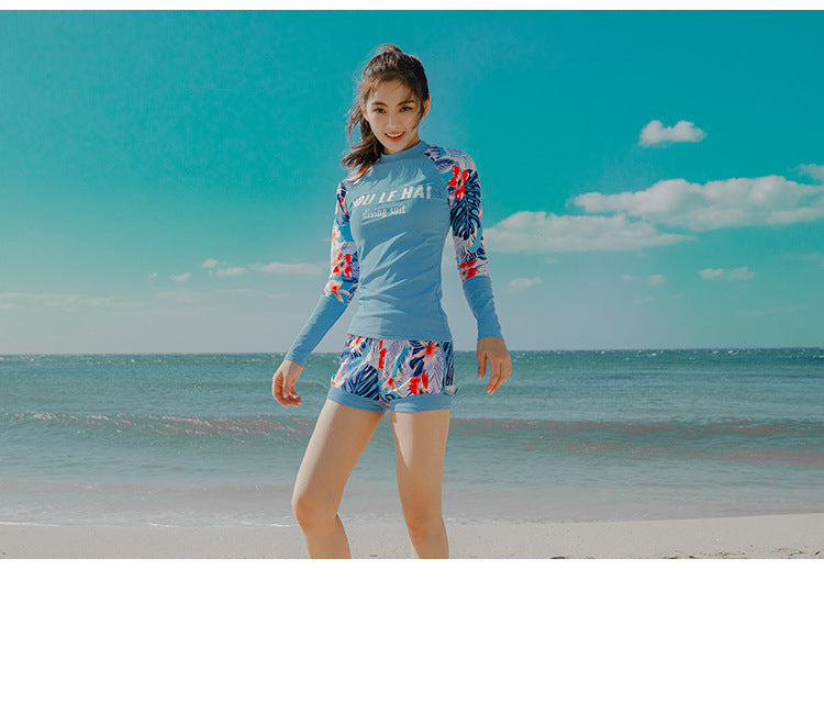 Women's 3pcs/set Printed Long Sleeve Rashguard UV Sun Protection Surf Shirt With Pants Shorts Full Body Bathing Suit Dive Skin