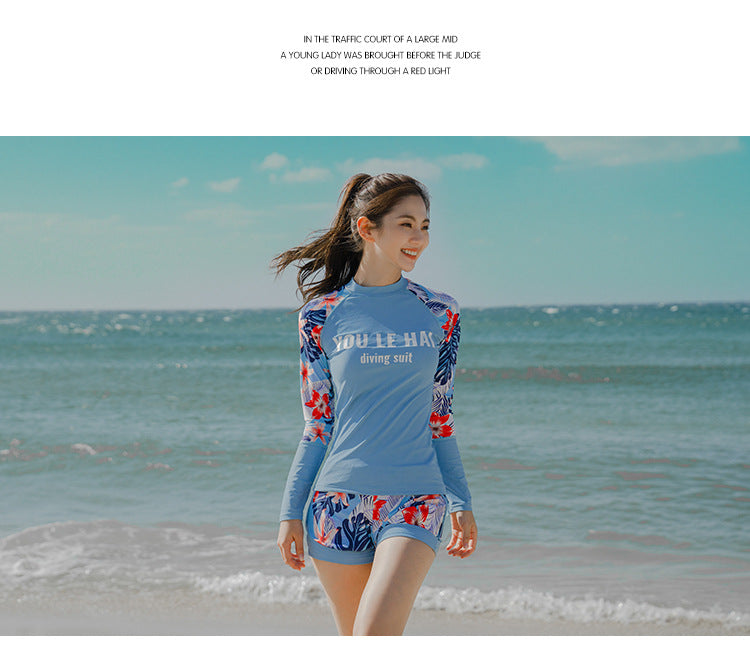 Women's 3pcs/set Printed Long Sleeve Rashguard UV Sun Protection Surf Shirt With Pants Shorts Full Body Bathing Suit Dive Skin