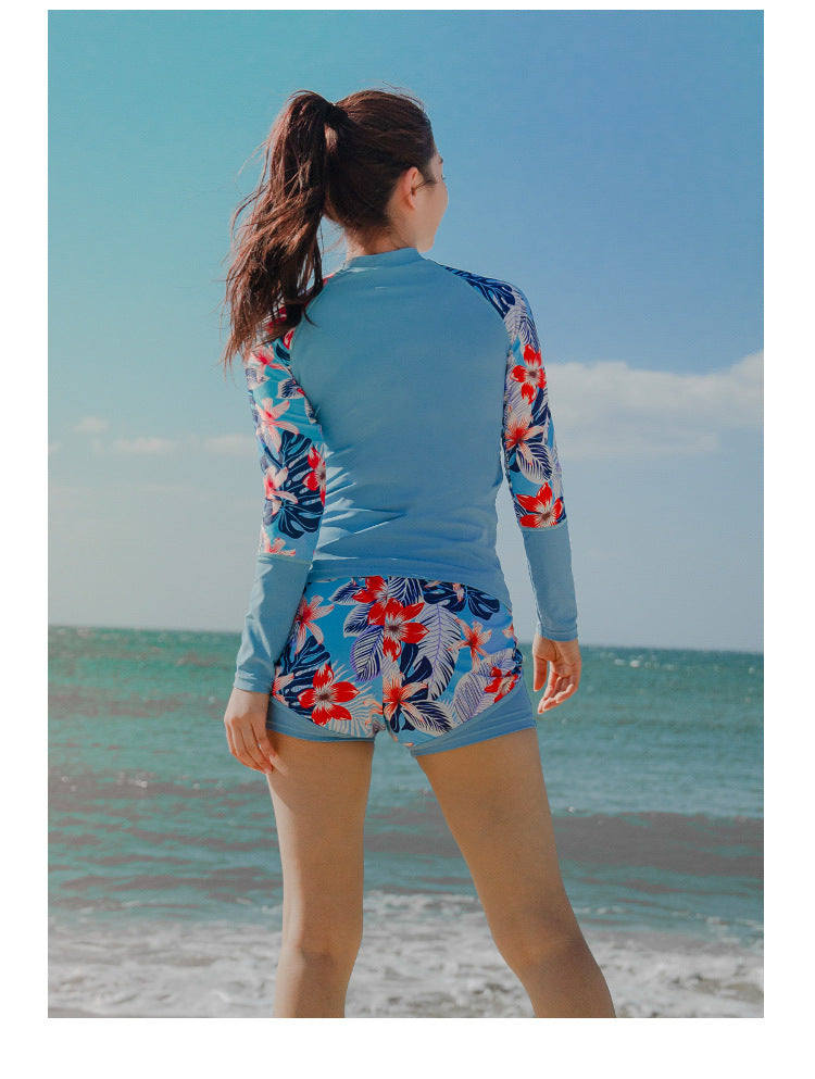 Women's 3pcs/set Printed Long Sleeve Rashguard UV Sun Protection Surf Shirt With Pants Shorts Full Body Bathing Suit Dive Skin