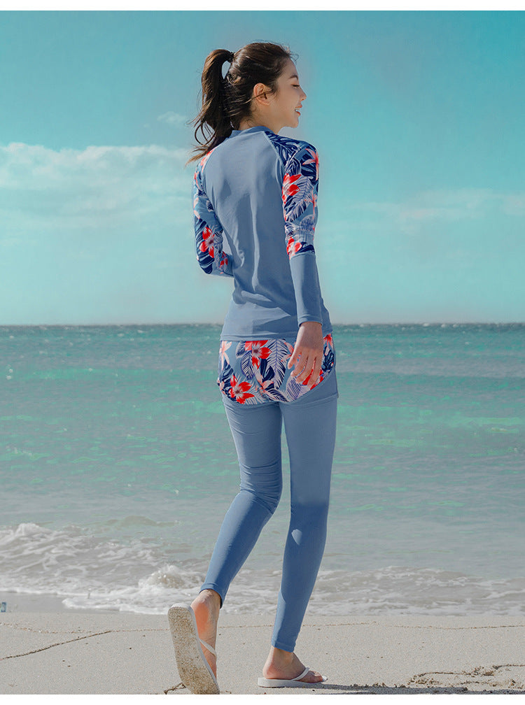 Women's 3pcs/set Printed Long Sleeve Rashguard UV Sun Protection Surf Shirt With Pants Shorts Full Body Bathing Suit Dive Skin