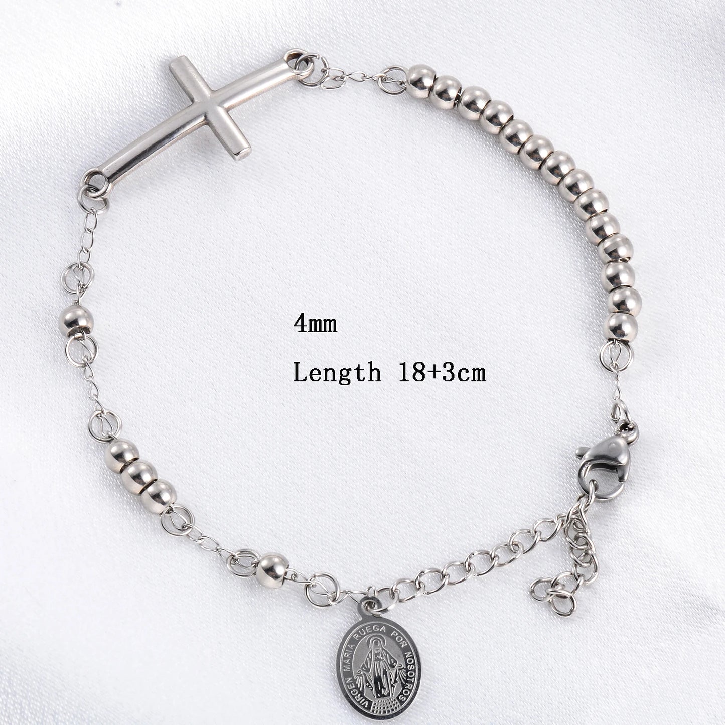 シルバーとゴールドカラーのステンレススチール製イエスの宗教的十字架ペンダントビーズチェーンブレスレット、女性と男性用ファッションジュエリー