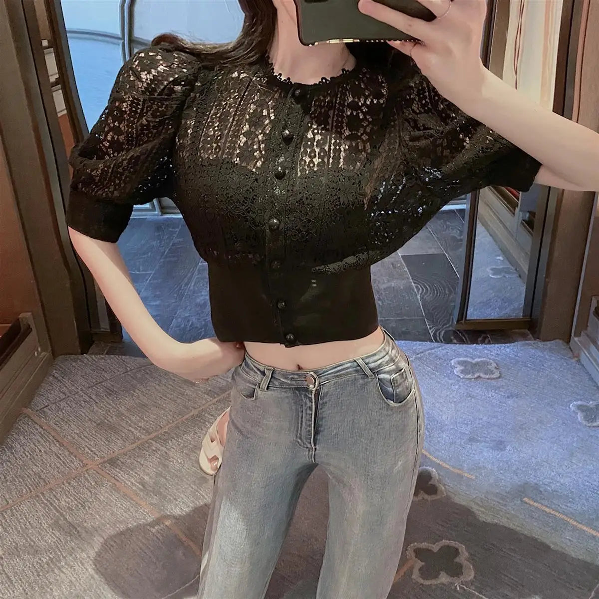 Woherb Sweet Crochet Top Blouse Women Sexy Hollow Out Shirt Vintage Puff Sleeve Korean Shirts Fashion Chic Tops Blusas