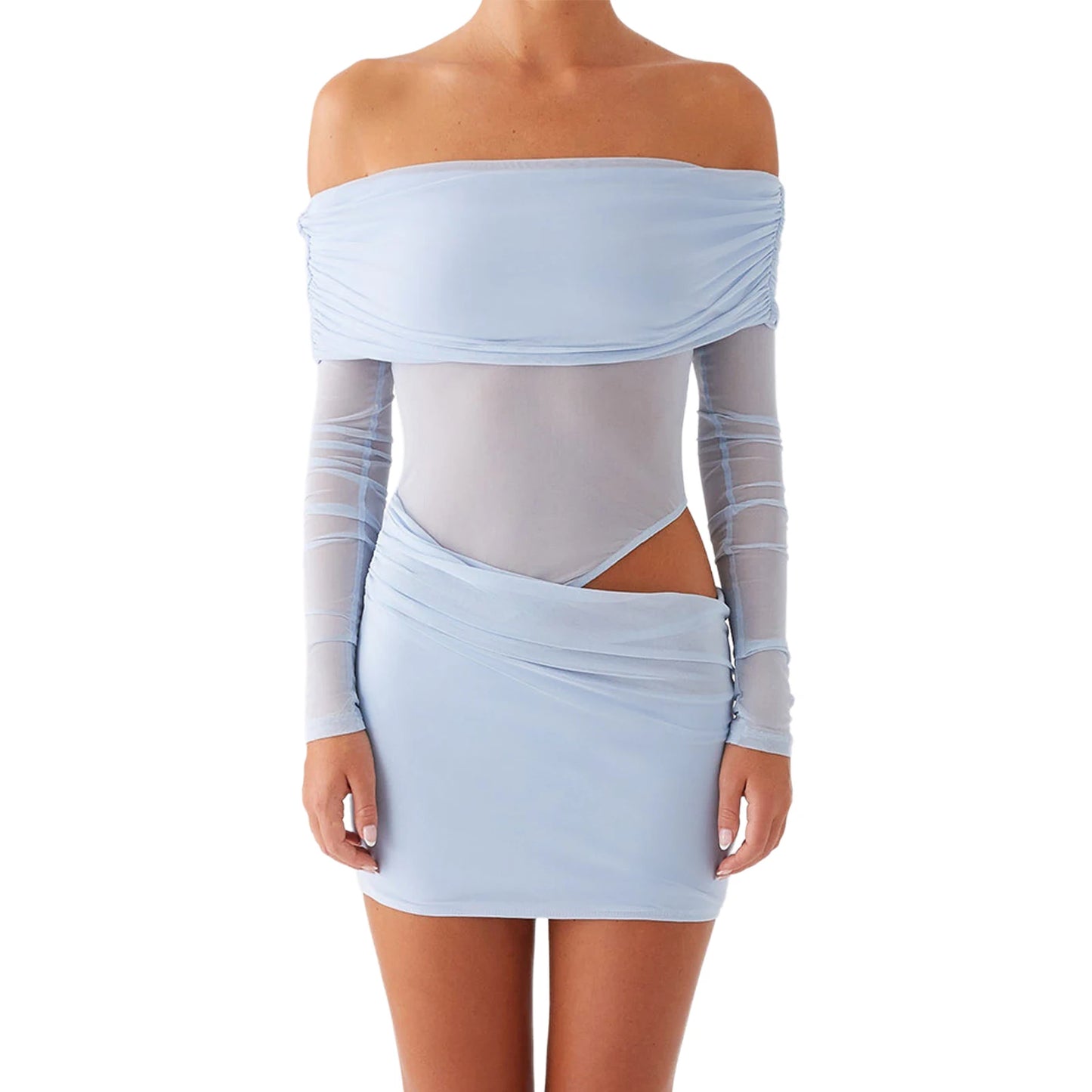 Women Mini Off Shoulder Dress Slim Ruched Solid Color Cut Out Long Sleeve Backless Short Mesh Bodycon Dress for Party Club