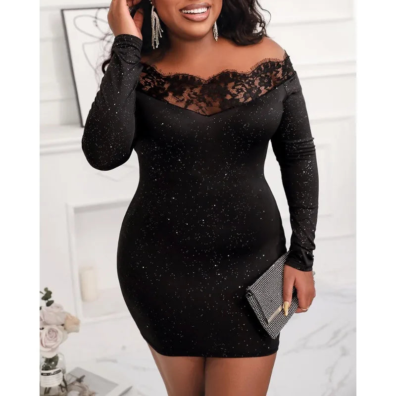Slash Lace Sexy Spicy Elegant Black Sheer Shiny Sequins Long Sleeve Party Slim Fit Hollow Enveing Gown Summer Women Mini Dresses