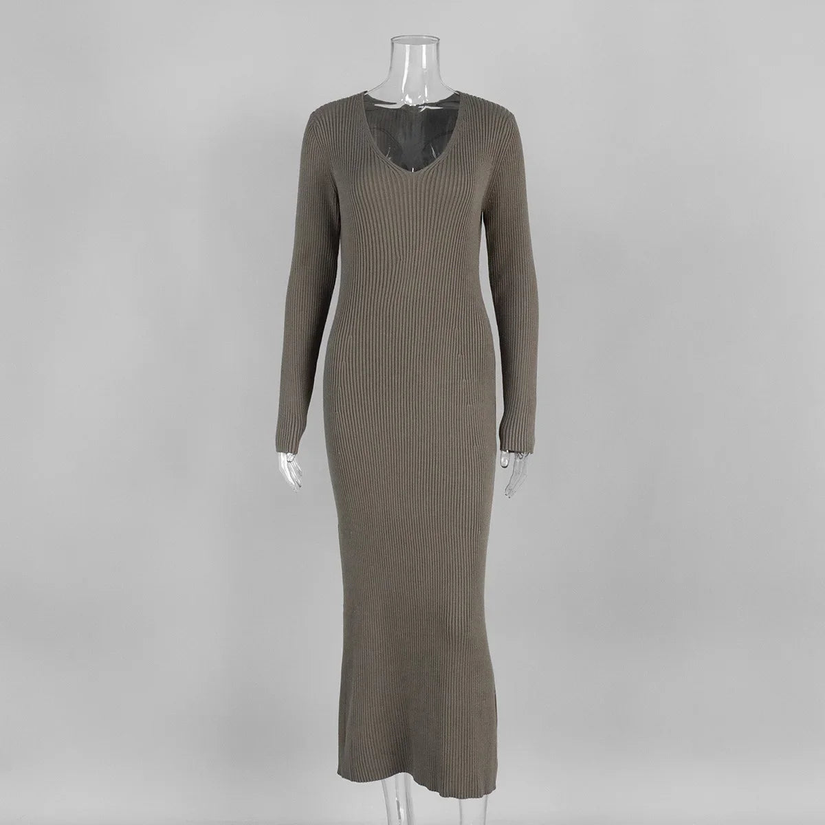 2025 Autumn Women's New Solid Color Long Sleeve V-neck Slim Bodycon Knitted Maxi Dress Trendy Elegant Fashion Sexy Dresses