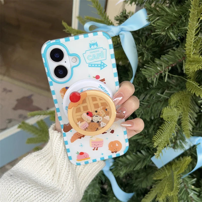Luxury Cute Waffle Cake Magsafe Wireless Charge Case For iPhone 13 14 15 16 Pro Max Funny Cartoon Waffle Shake Magnetic Holderr