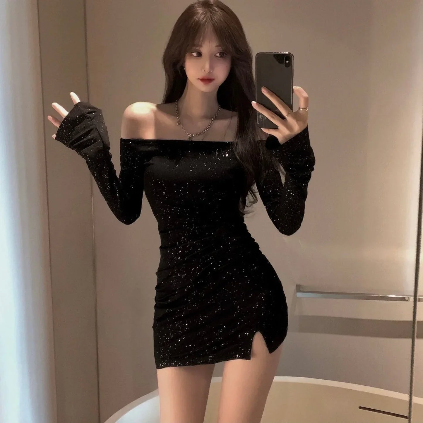One Shoulder Dress Elegant Female Slim Diamond Long Sleeve Irregular Sexy Hot Girl Short Spring Autumn Black Sweater Dress