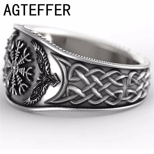 北欧神話の物語、バイキングケルトコンパス、レトロなグラフィティメッキS925タイシルバーリング(男性用)