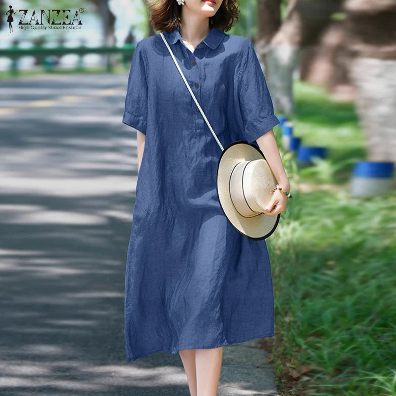 ZANZEA Women Fashion Shirt Dress 2025 Summer Sundress Lapel Neck Short Sleeve OL Work Dresses Casual Buttons Midi Vestidos Robe