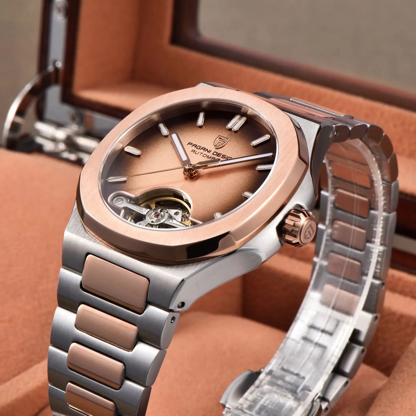 PAGANI DESIGN Men's Watches Rose Gold Skeleton Tourbillon Automatic Watch For Men Stainless steel Fashion Mechanical Wristwatch