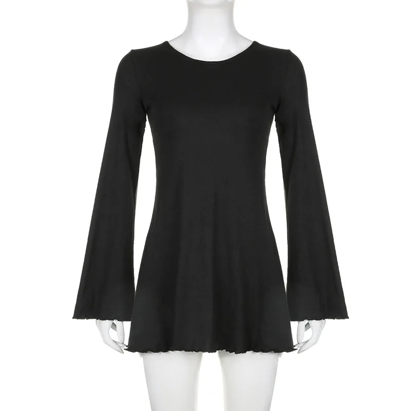 BKLD Black Dress Solid Color Knitted Round Neck Flare Long Sleeve Slim Fit A-Line Lace-Up Open Back Short Dresses For Women