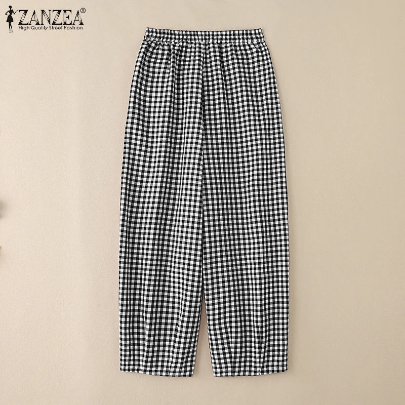 ZANZEA 2025 Plaid Pants Women Fashion Lantern Pants Casual Loose Long Trouser Summer Pockets Elastic Waist Bottoms Oversized