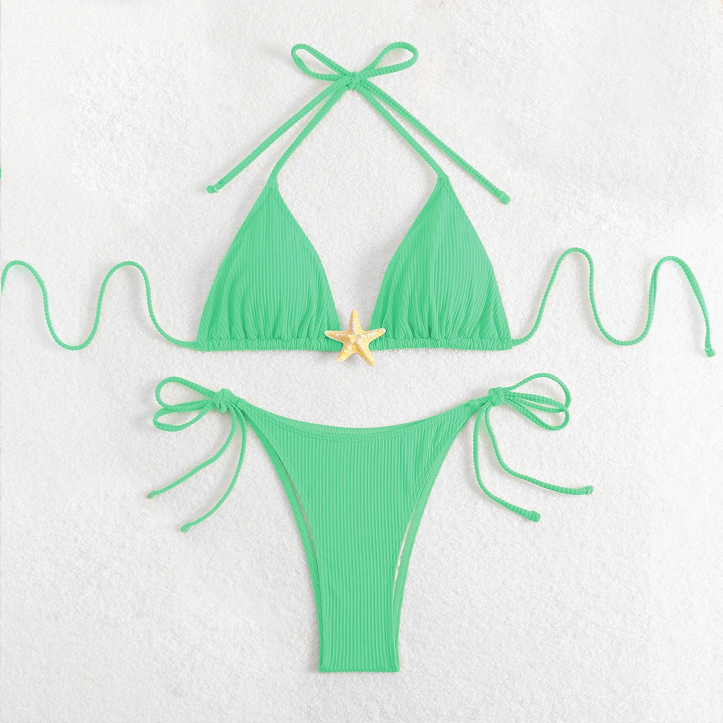 Yiiciovy New Women Push Up Swimwear 2 Piece Bikini Set Starfish Sexy Halter Bandage Beachwear Bathing Suits for Beach Pool