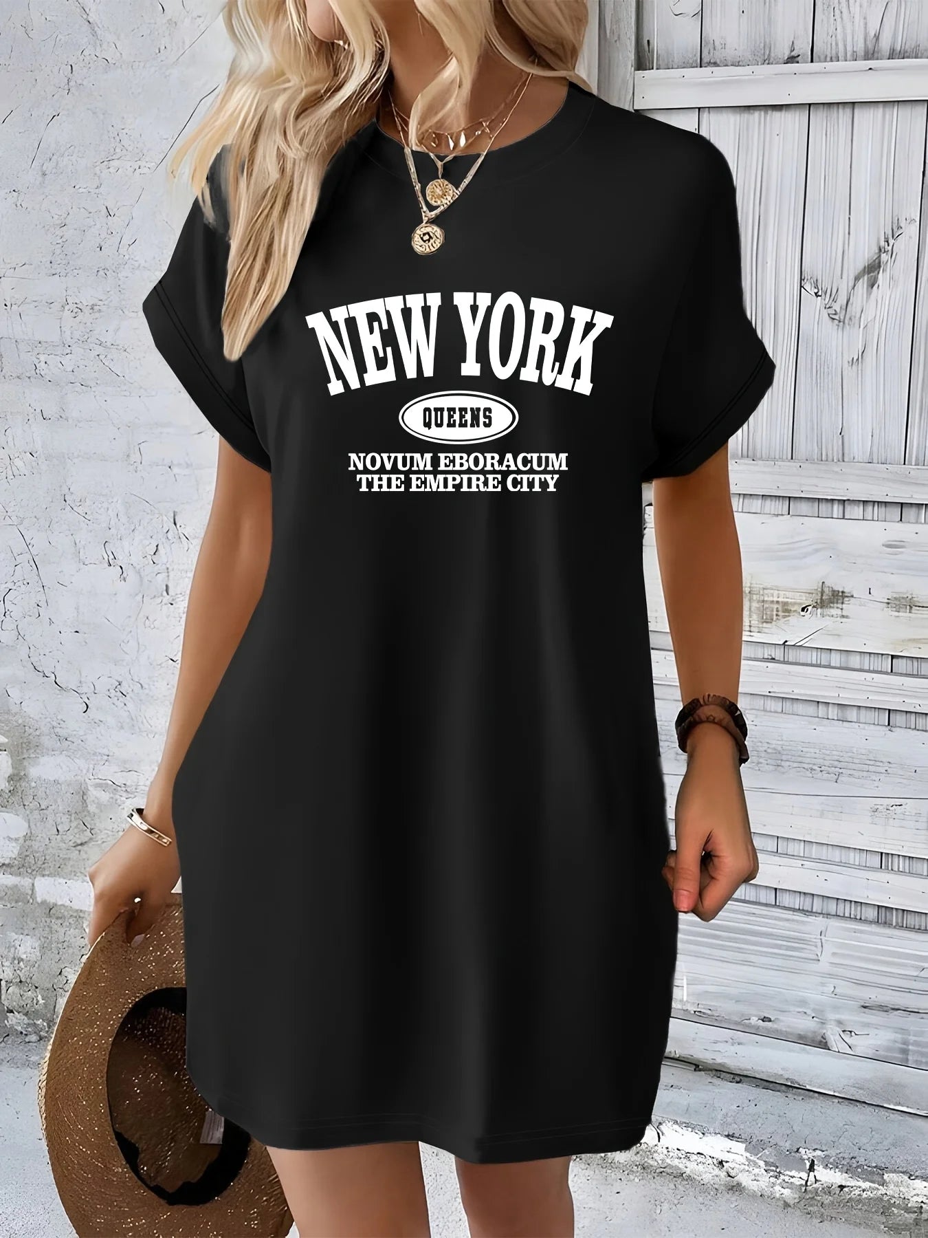Women's Casual New York Graphic TShirt Dress Short Sleeve Round Neck Loose Fit SpringSummer