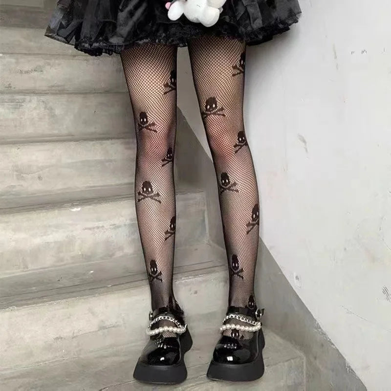 Woman Girls Gothic Cartoon Fishnet Stockings Snake Kuromies Skull Socks Mesh Tights Panties Lolita Plus Size Pantyhose Leggings