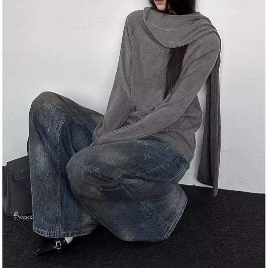 2000年代の韓国ファッション、スリムバットウィングスリーブ、秋セーター、Y2K、純色、サブカルチャー、カジュアル、長袖、プルオーバー、セーター、シック