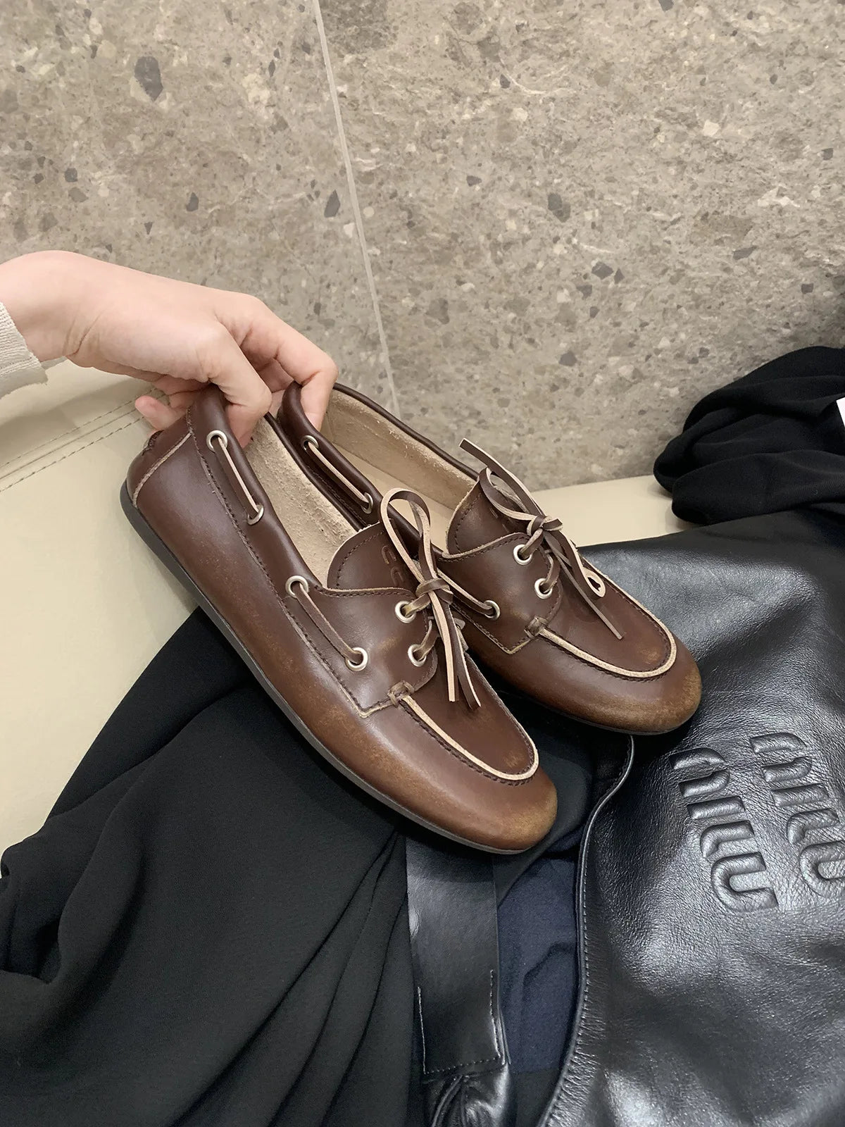Women's Loafers Shoes Genuine Leather High Quality Round Toe Soft Bottom Flat Shoes Lace Up Breathable Ladies Casual Shoes 2025