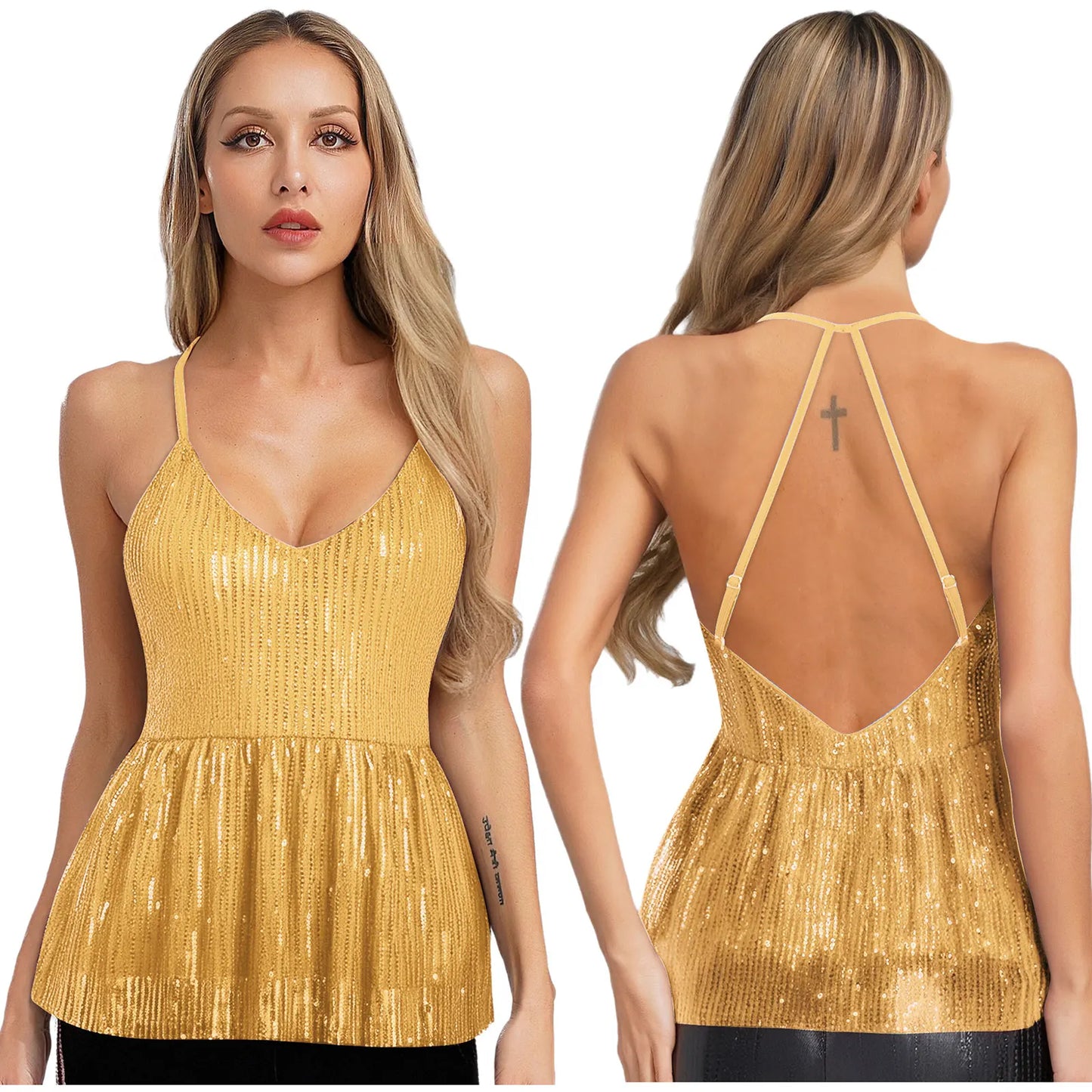 Women Sequin Tank Top Sparkling Slim Fit Blouse V Neck Cross Spaghetti Straps Open Back Ruffle Hem Vest Sparkle Slim Fit Cami