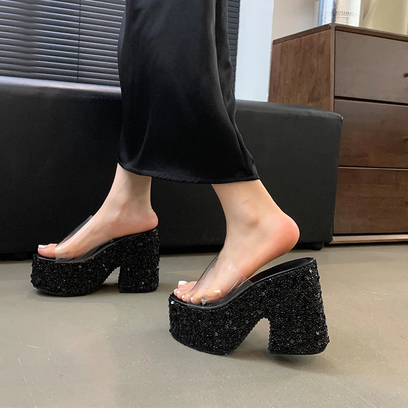 12cm Chunky Heeled Slippers 6cm Platform Block Heels Sandals Women Beach Shoes Summer Clear Sandals