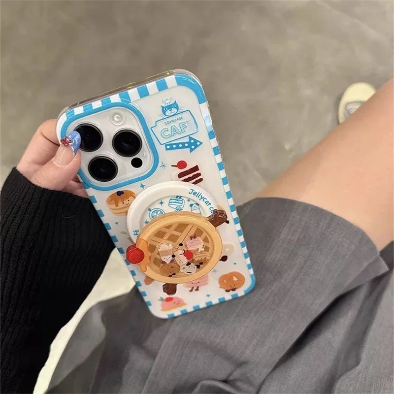 Luxury Cute Waffle Cake Magsafe Wireless Charge Case For iPhone 13 14 15 16 Pro Max Funny Cartoon Waffle Shake Magnetic Holderr