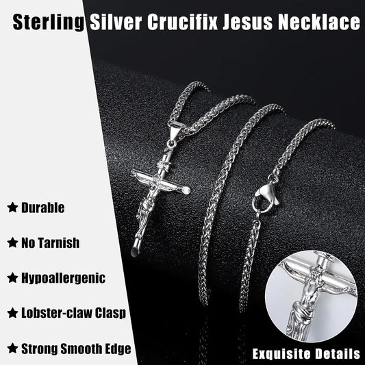 Fansilver 925 Sterling Silver Cross Pendant Necklace for Men Women Crucifix Necklace Stainless Steel Chain Jesus Cross Necklace