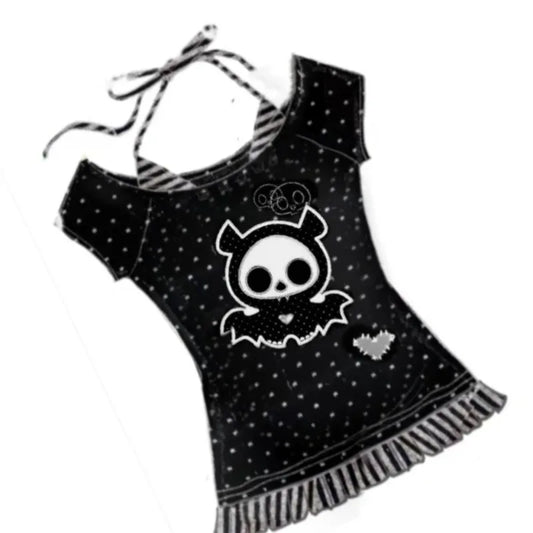 原宿系レディースかわいいフェイクツーTシャツ、日本のレトロサブカルチャー水玉Tシャツ、人気のY2K漫画プリントTシャツ、女性用トップス