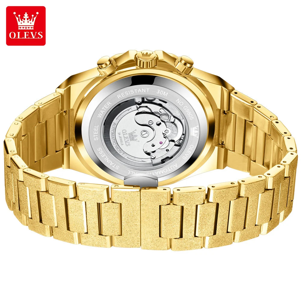OLEVS Gold Steel Mens Watches Top Brand Automatic Mechanical Luxury Watch Sport Waterproof Tourbillon Wrist Watch Reloj Hombre
