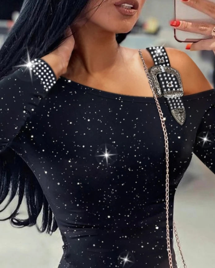 Women's Dress Elegant Fashion Glitter Rhinestone Buckled Design One shoulder Long Sleeve Bodycon Dress Slim Fit Party Mini Dress