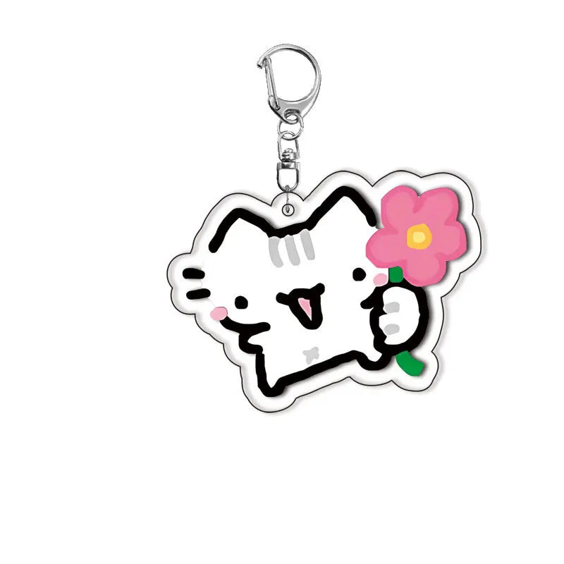 Lovely Pet Kitten with Flower Keychains Cartoon Strawberry Cat Keyring Creative Backpack Pendant Key Chain Fans Friends Gifts