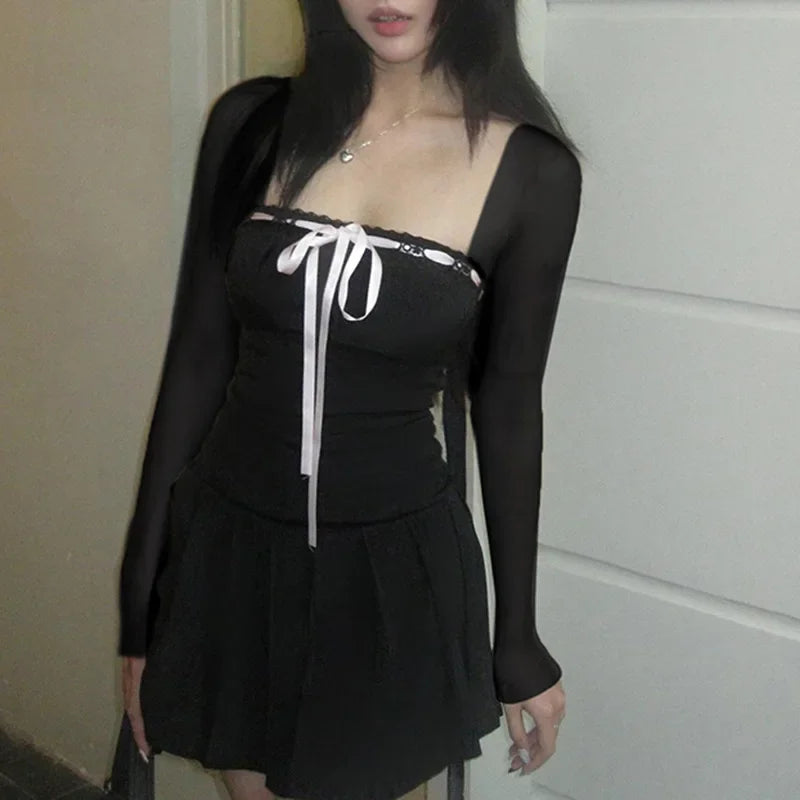 Y2K Black Square Collar Long Sleeve Dress Women Elegant Lace-up Bow A-line Mini Dress Korean Short Dresses Aesthetic Clothes 원피스