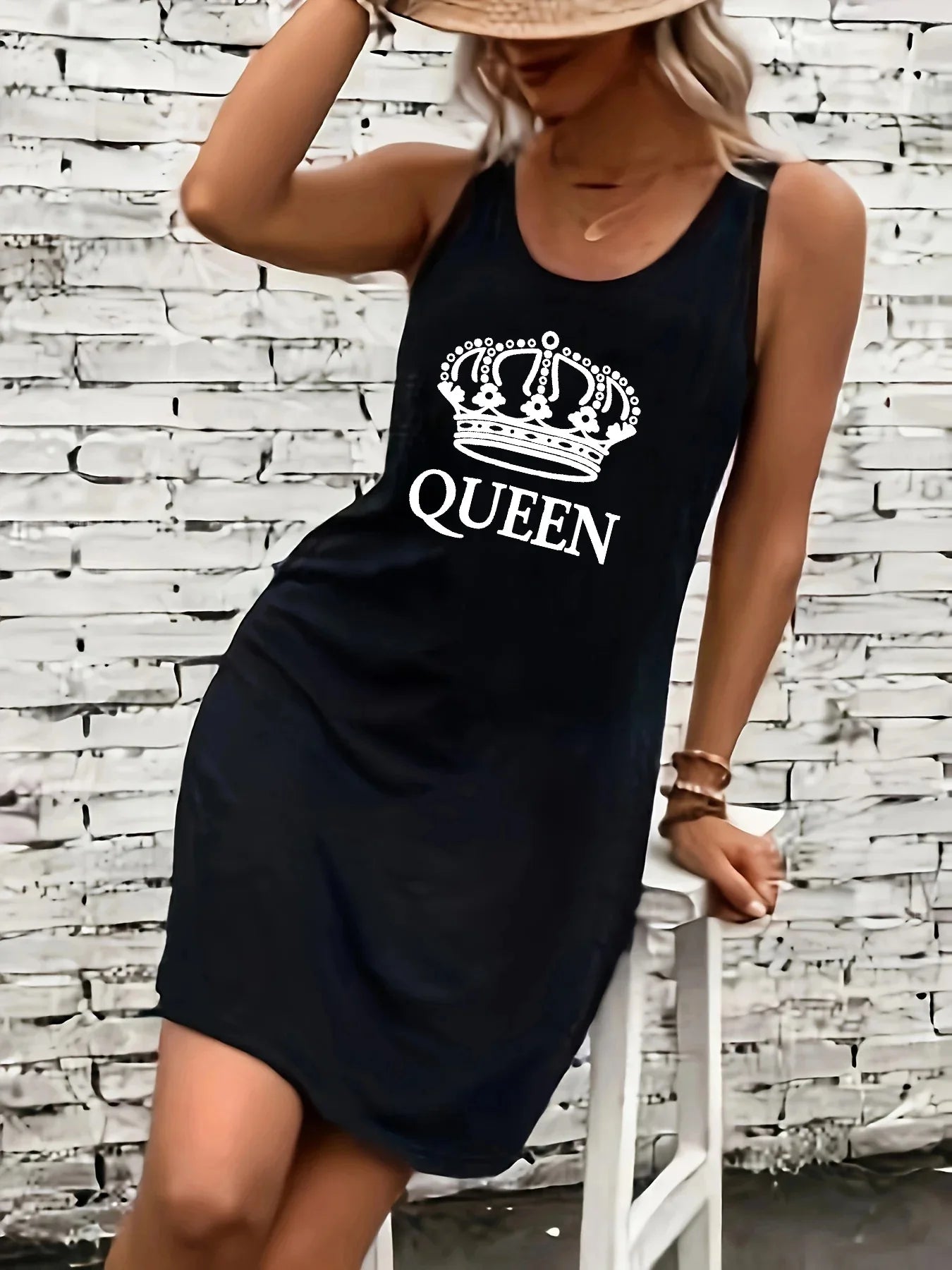 Women's summer loose and comfortable casual it's okay don't worry letter printed black sleeveless vest dress punk style dress