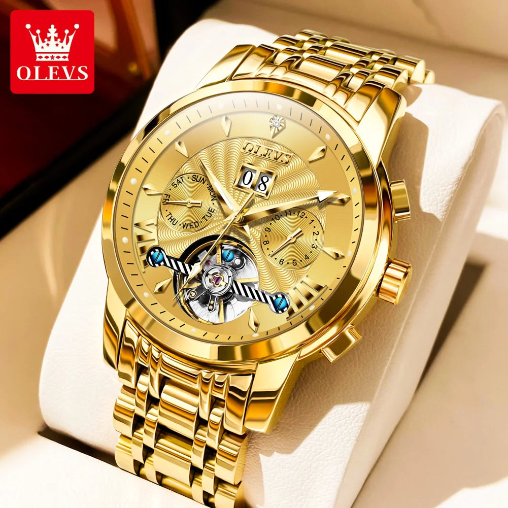 OLEVS Brand Fashion Blue Mechanical Watch for Men Stainless Steel Waterproof Luminous Calendar Luxury Tourbillon Watches Mens