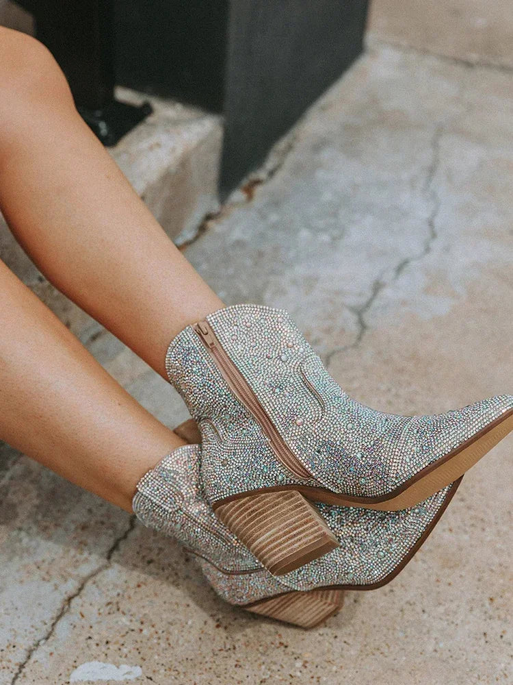 Western Cowboy Boots Fashion Women Ankle Boots Glitter Bling Shiny Trend High Heels High Quality Shoes Botas De Mujer 2024