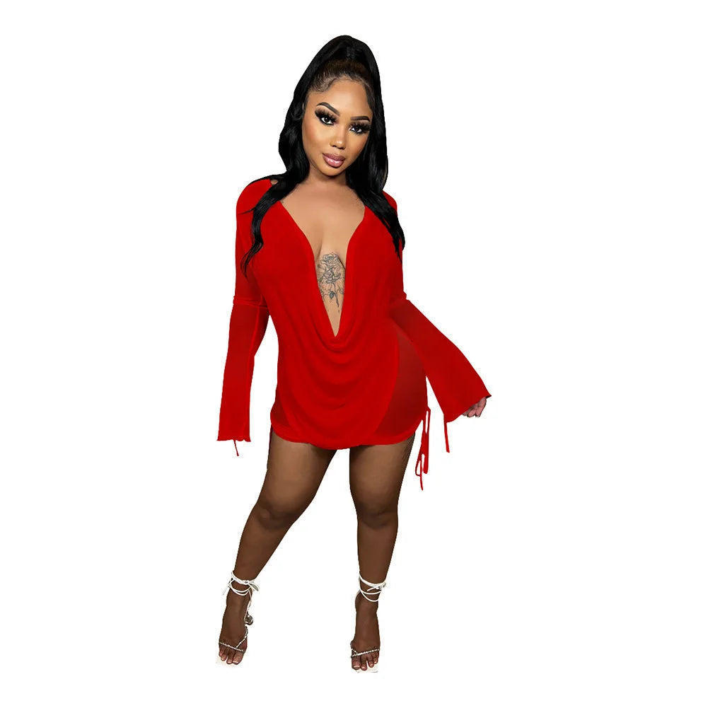 Y2K Sexy Deep V Neck Mini Mesh Dress Women Party Outfit Two Pieces Set 2024 See Through Long Sleeve Club Party Bodycon Dresses