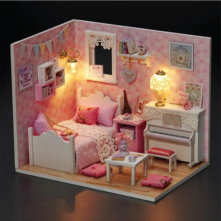 Kitten Mini Doll House Model Building Assembled House Home Kit Creative Room Bedroom Decoration with Furniture Birthday Gifts