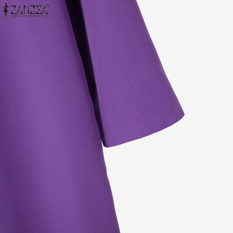 ZANZEA Office Casual Collared Shirtdress Women Autumn Fashion 3/4 Sleeve Button Up Midi Dresses Commuting Solid Color Robe Femme